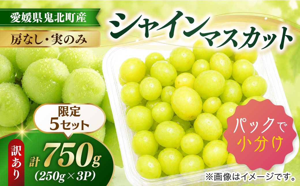 
                  【訳あり 限定5個 数量限定】愛媛県鬼北町産 シャインマスカット 粒タイプ 計750g（250g×3パック）|家庭用 小分け 新鮮 甘い フルーツ 果物 フルーツ 人気 産地直送 ※2026年9月～発送
                