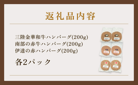 黒毛和牛 三陸金華和牛 南部の赤牛 伊達の赤 和牛ハンバーグ 3種各200g×2 食べ比べ セット 赤身 国産 美味しい 使いやすい 肉 お肉 おかず 冷凍