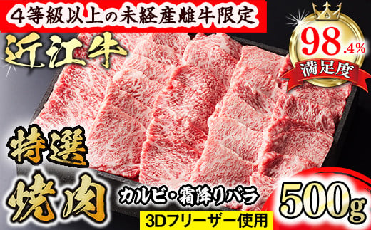 
【森三商会】4等級以上の未経産雌牛限定　近江牛特選焼肉500g(カルビ・霜降りバラ）【GM10U】
