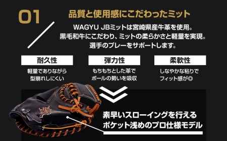 宮崎県産牛革使用 WAGYU JB ミット 硬式用 捕手用 JB-002S(ブラック/右投げ用)