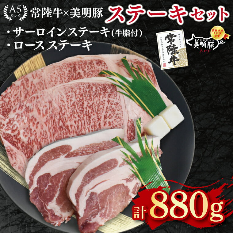 【ふるさと納税】【常陸牛 A5ランク・美明豚ステーキセット】常陸牛サーロインステーキ600g（300g×2枚）＋美明豚ロースステーキ280g（140g×2枚） 冷凍 国産牛 和牛 牛肉 豚肉　ブランド豚 茨城県 水戸市 食べ比べ セット商品 国産 35000円以内 老舗精肉店 EK-20