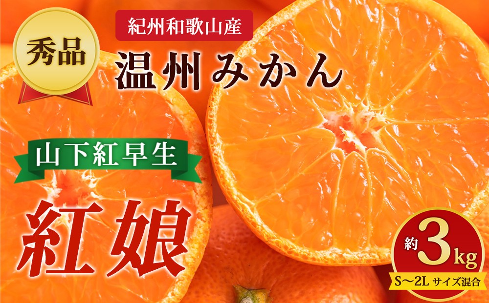 
                  【先行予約】【秀品】紀州和歌山産 温州みかん 山下紅早生「紅娘」約3kg（箱込み）S～2L サイズ混合
                