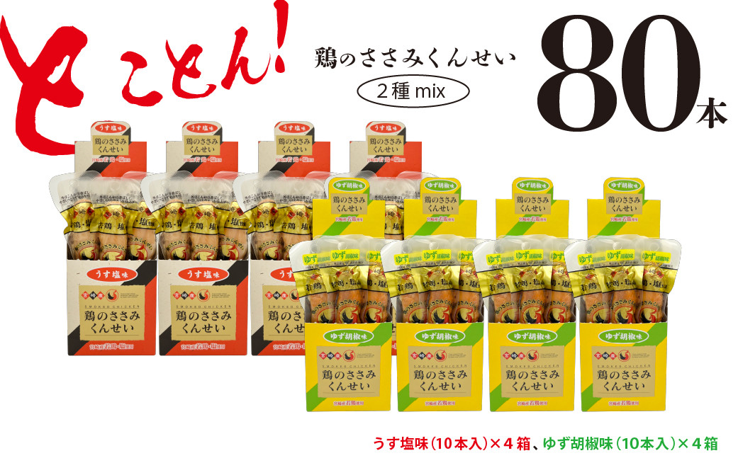 
鶏のささみ くんせい 2種 セット 80本 うす塩・柚子胡椒 食べ比べ おつまみ スモーク チキン 燻製（17-105）
