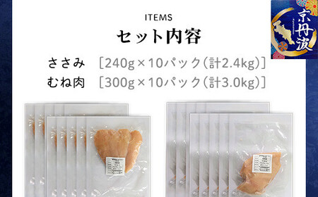 アスリートセット！【京都府産 京丹波あじわいどり】ささみ＆むね肉小分けセット 各10袋(計20袋) 5.4kg FCBK027