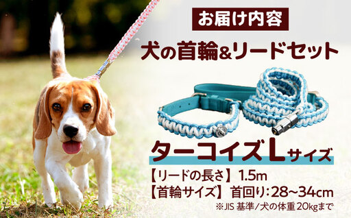 No.460-03 犬の首輪＆リードセット さんぽ用 ポンダープラス ターコイズ L ／ ペット用品 犬用品 ペットグッズ 散歩グッズ ワンタッチ 着脱簡単 ロック付き 高耐久 おしゃれ 丈夫 カラフ