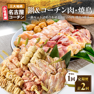 【半年に1回　計2回定期便】名古屋コーチン鍋&名古屋コーチン1羽分セット・名古屋コーチン焼鳥セット 名古屋コーチン鍋 冷凍鍋 地鶏鍋 焼鳥 おつまみ バーベキュー 小分け 名古屋コーチン 冷凍焼鳥 地鶏 [001T08-T]