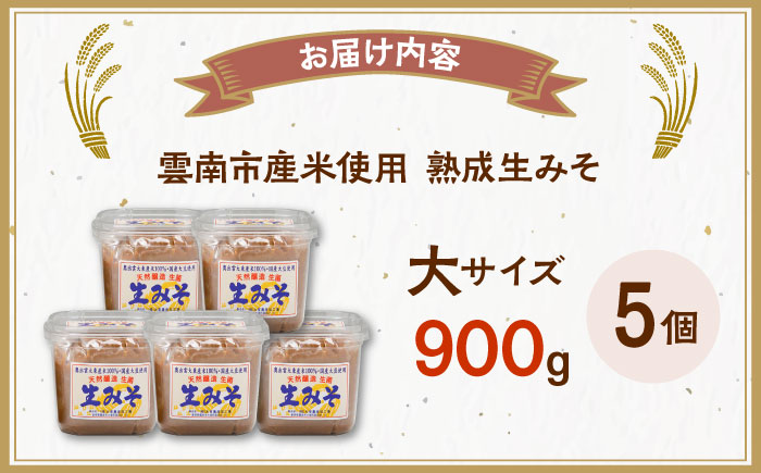 【雲南市産米使用】熟成生みそ（大）900g×5個 味噌 みそ 国産 生みそ 熟成みそ 味噌汁 みそ汁 セット 島根県雲南市/株式会社大東農産加工場 [AIEG008]