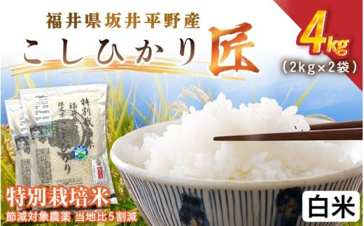 令和7年産 特別栽培米 コシヒカリ匠 4kg（2kg×2袋）節減対象農薬当地比5割減【白米】【米 コメ お米 コシヒカリ ふるさと納税米 ブランド米 国産】 [A-2992_01]