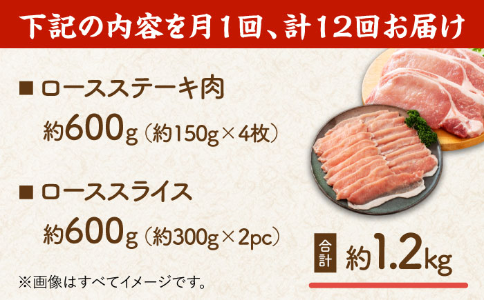 【12回定期便】豚ロースステーキ＆スライスセット 約1.2kg（ステーキ用 約150g×4枚・スライス 約300g×2pc）【吉里精肉】 [ZEW104]