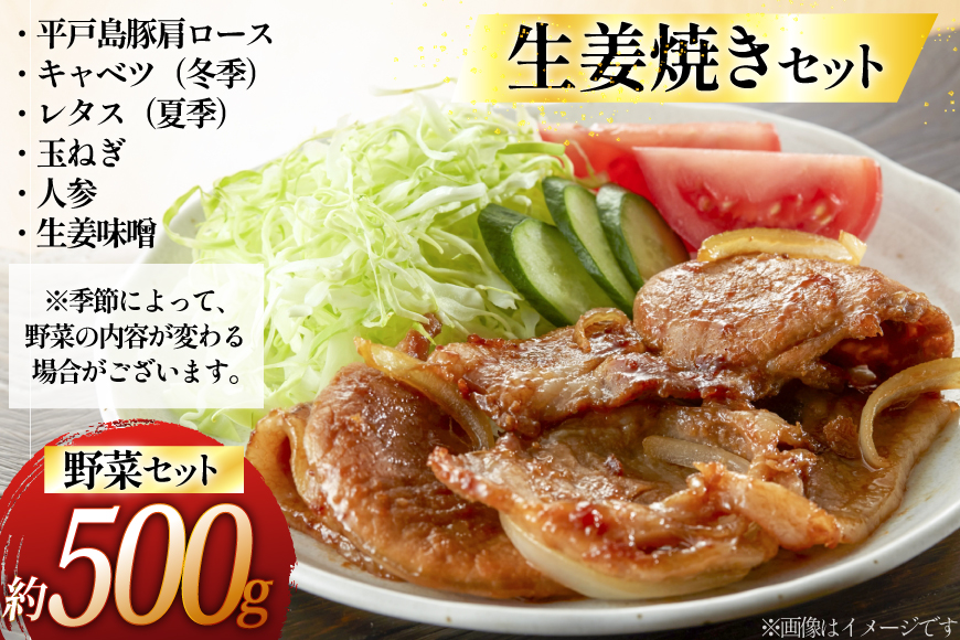 豚肉 生姜焼き  平戸島豚の 生姜焼きセット 約 500g 安心の地元 野菜付 [ひらど新鮮市場 長崎県 平戸市 hr42bgy400178] セット 国産 九州産 豚 ロース 豚ロース 肩ロース 豚