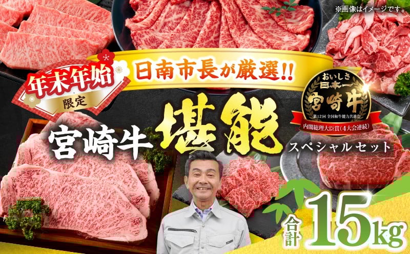 
            ≪年末年始限定≫日南市長厳選!! 宮崎牛 堪能 セット 合計15kg 期間限定 数量限定 肉 牛肉 ステーキ 焼肉 スライス すき焼き しゃぶしゃぶ ヒレ ロース バラ ウデ モモ 希少部位 大容量 黒毛和牛 国産 赤身肉 霜降り 食べ比べ 牛丼 おすすめ 宮崎県 送料無料_AR4-25
          
