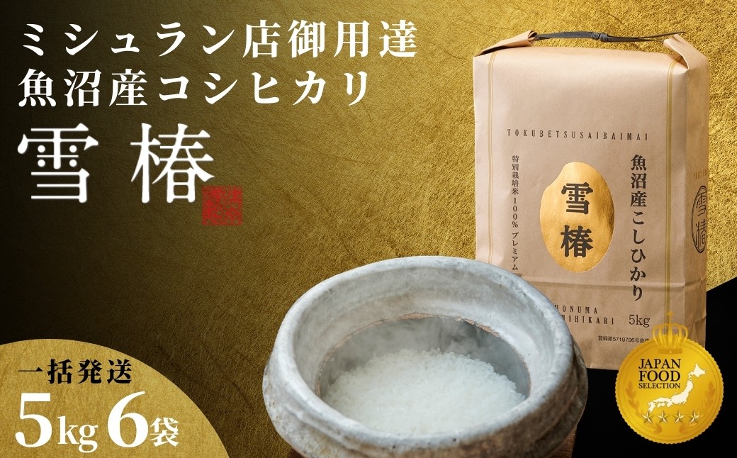
                  【寄付額見直し】【令和7年産】魚沼産コシヒカリ 雪椿 30kg(5kg×6袋) 特別栽培米 一括発送 | 米 お米 新潟 魚沼 魚沼産こしひかり コメ おこめ 白米 精米 最高級 新潟県 津南町 越後雪椿産業株式会社
                