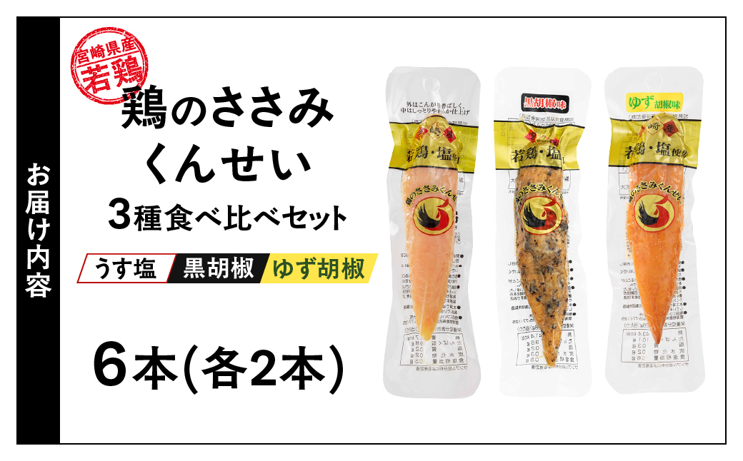鶏のささみくんせい 3種食べ比べ 6本セット ＜うす塩・黒胡椒・ゆず胡椒 ＞ おつまみ スモーク チキン 燻製【雲海物産】_A0114-1481