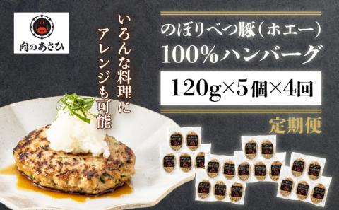 肉のあさひ 大人気！【のぼりべつ乳清豚（ホエー）】ハンバーグ120g×5個[全4回お届け]