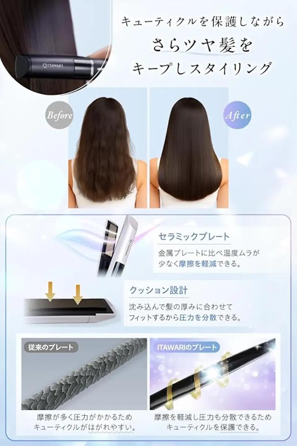 [表参道 美容サロン推奨] 日本メーカー公式 コードレスヘアアイロン (ホワイト) [キューティクル保護プレート採用 髪に艶と潤いを] 充電式持ち運びヘアアイロン [1336]