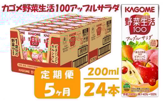 【 定期便 5ヶ月 】カゴメ 野菜生活100 アップルサラダ 200ml×24本 ジュース 野菜 果実ミックスジュース 果汁飲料 紙パック 砂糖不使用 1食分の野菜 カルシウム ビタミンA ビタミンC にんじん汁 飲料類 ドリンク 野菜ドリンク 備蓄 長期保存 防災 飲みもの