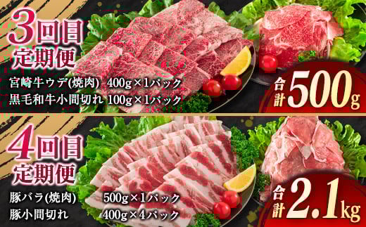【令和7年10月から毎月配送】5か月定期便 月替わりで堪能!! 牛肉 豚肉 焼肉 セット 豚バラ 肩ロース モモ ウデ 総重量5.6kg 国産 食品 おかず BBQ バーベキュー 小分け 宮崎牛 黒毛