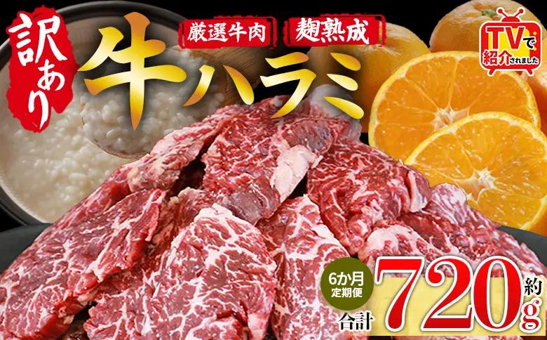 TVで紹介！＜麹熟成で旨み引き立つ！やわらか味付き 牛ハラミ 約720g（360g×2） 6か月定期便＞ テレビ TV 訳あり はらみ ハラミ 赤身 大容量 牛肉 お肉 焼肉 BBQ 味付き 麹 コスパ 塩味 レシピ 丼 献立 惣菜 おかず 簡単 グルメ 株式会社丸和 愛媛県 西予市【冷凍】『入金確認後、お申込み月の翌月より配送を開始します』 MMW0040