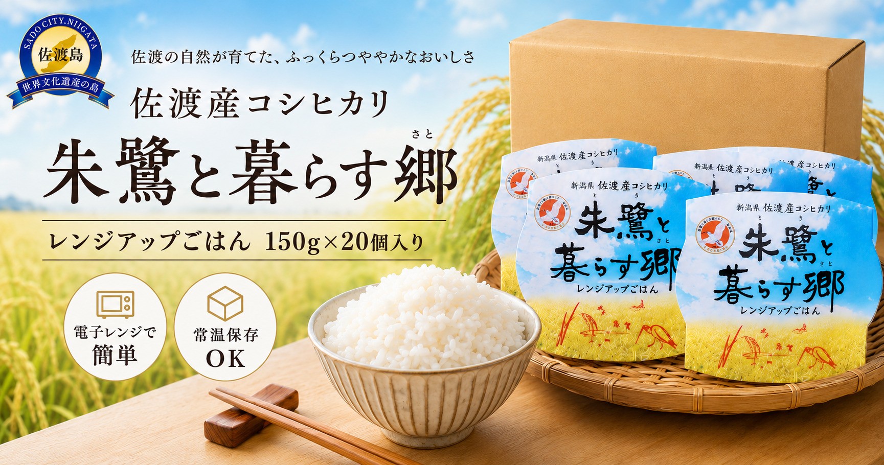 
                  パックごはん 佐渡産コシヒカリ 朱鷺と暮らす郷 レンジアップごはん 150g×20個| パックご飯 ぱっくごはん 新潟県産コシヒカリ 新潟産コシヒカリ 新潟コシヒカリ 佐渡産コシヒカリ 新潟県産こしひかり 佐渡産こしひかり お米 米 こしひかり 白米 精米 ブランド米 おこめ コメ レンジアップごはん にいがた さど 新潟県 佐渡市
                
