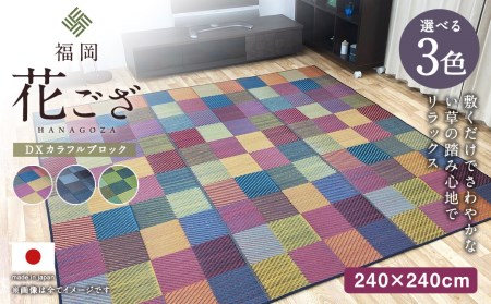 福岡 花ござ DXカラフルブロック 240×240cm（ブルー/グレイ/グリーン） カーペット ラグ