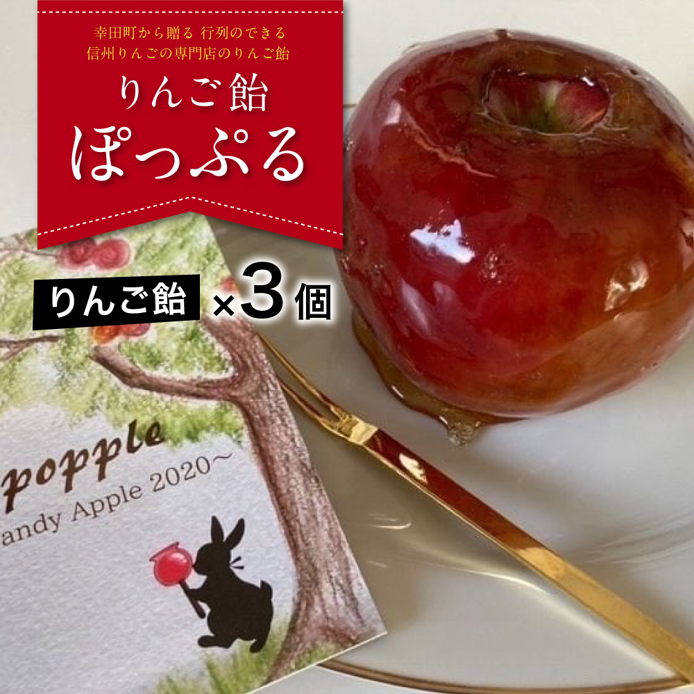 幸田町から贈る 行列のできる信州りんごの専門店のりんご飴『ぽっぷる』( 3個 ) りんご飴