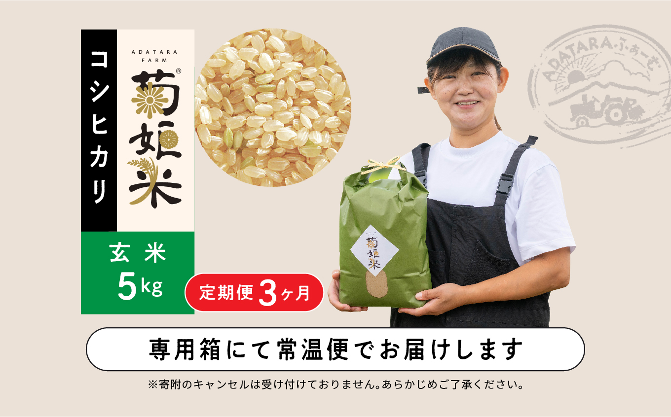 【定期便3ヶ月】菊姫米　特別栽培米コシヒカリ　玄米5kg【ADATARAふぁーむ】