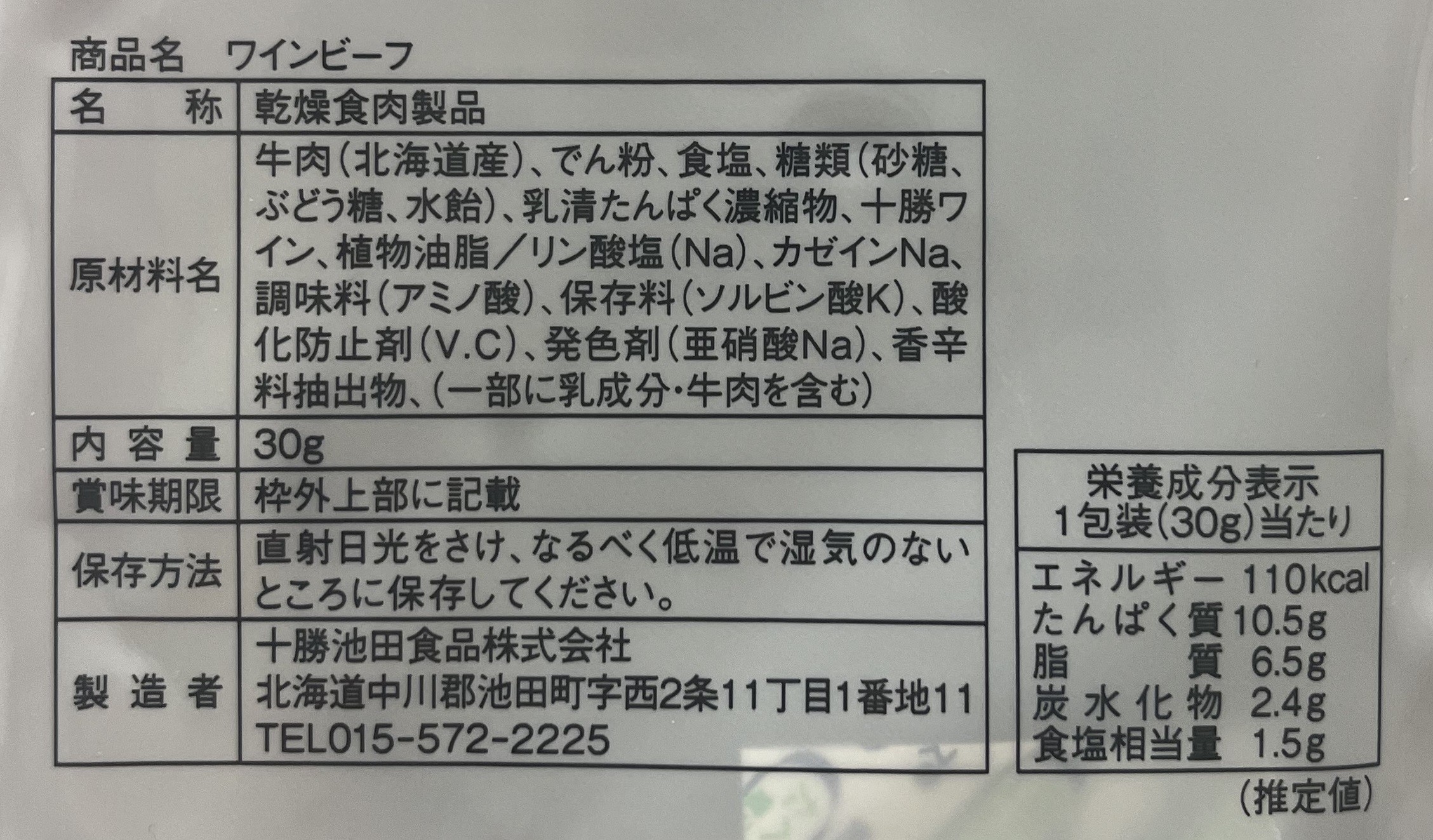 ワインビーフ成分表示