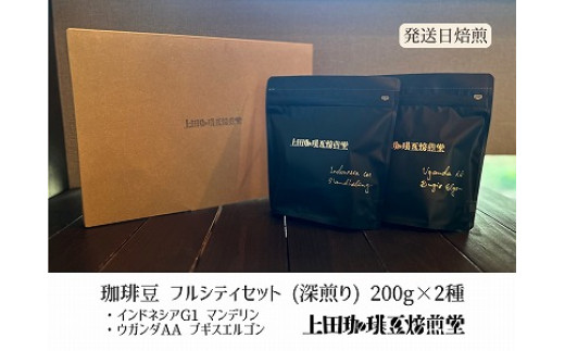 
                  【上田珈琲豆焙煎堂】珈琲豆 深煎り2種×200ｇインドネシアマンデリン・ウガンダAA【豆】 HNNBM001
                