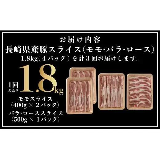 《定期便》長崎県産豚 3種食べ比べ (モモ･バラ･ロース スライス)計 1.8kg (モモ400g×2･バラ500g×1･ロース500g×1)【3回お届け】