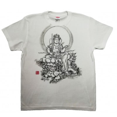 手描きTシャツ 仏画 文殊菩薩 白 (半袖 XLサイズ)【1615175】