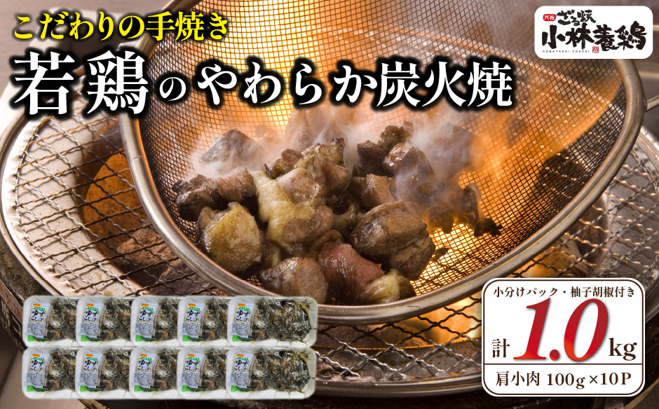 【C183】【テレビで紹介！元祖ざる焼き小林養鶏】やわらか炭火焼100g×10Pセット（国産 鶏 鶏肉  小分け 炭火焼  調理済）