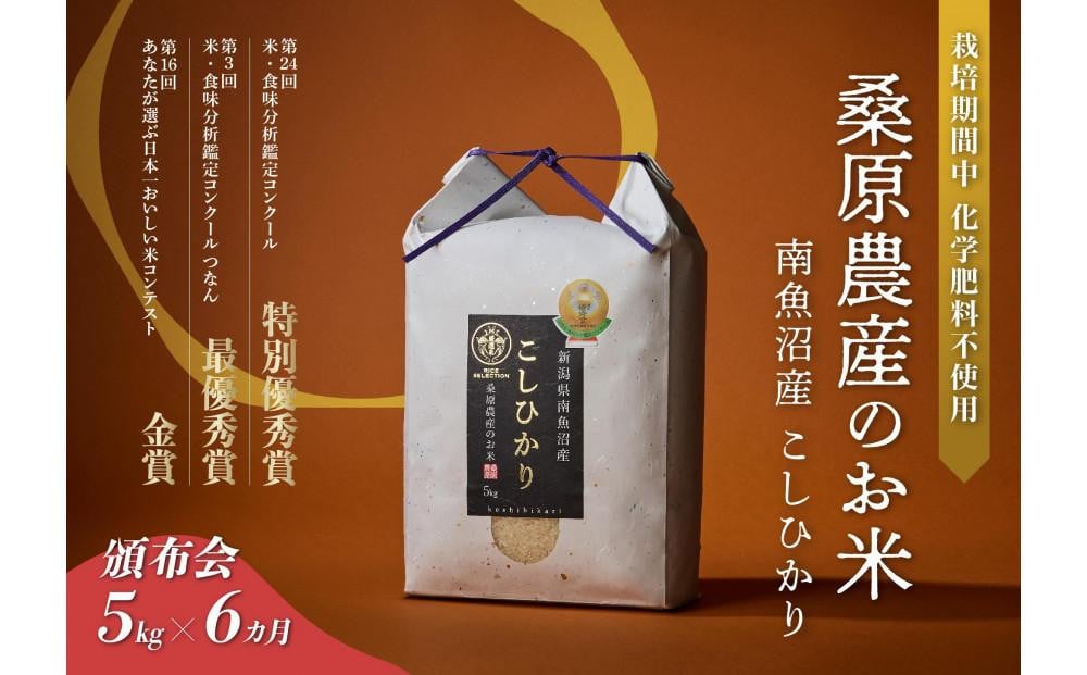 
【頒布会】最優秀賞受賞【8割減農薬】最高峰南魚沼産こしひかり5kg×6ヶ月　桑原農産のお米(精米)
