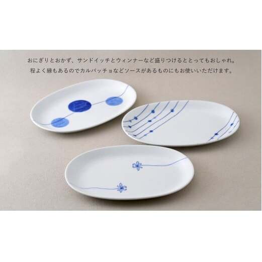 有田焼 染付 楕円皿 3柄セット（すだれ十草・ゆらぎ花・ゆらぎ2色玉だみ）【やきものの里】食器 器 うつわ プレート 電子レンジ対応 磁器 25000円 A25-581_イメージ2