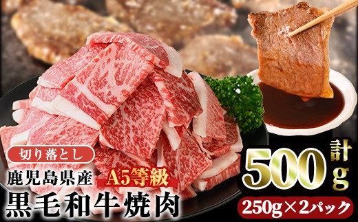 A5等級鹿児島県産黒毛和牛焼肉切落し(計500g・250g×2パック) 切り落とし 焼肉 黒毛和牛【LRプラスK】A1004
