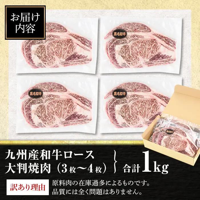 isa574 ＜訳あり＞九州産和牛ロース大判焼肉(合計1kg・3枚～4枚) 4等級以上 国産 真空包装 真空パック リブロース ステーキ 牛 うし 牛肉 アウトドア BBQ 冷凍 【サンキョーミート株
