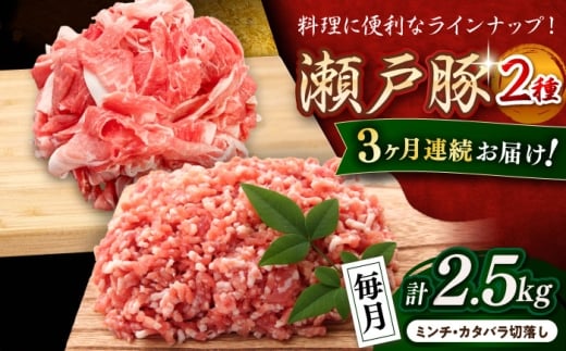 【全3回定期便】 瀬戸豚 豚肉2種セット(ミンチ500g+カタバラ切り落とし2kg)  計2.5kg / 豚肉 小分け ミンチ 切り落とし / 瀬戸市 / 関屋精肉店 [BBBQ207]