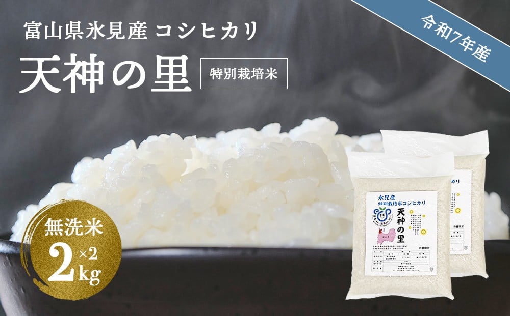 
            【特別栽培米】 令和7年産 富山県産特別栽培米 コシヒカリ 天神の里２kg×２ 無洗米 ｜　お米 白米 精米 氷見 富山 米 国産 特別栽培 4kg 2kg 2袋 小分け エコファーマー 数量限定 コシヒカリ こしひかり 人気 お取り寄せ 減農薬 減化学肥料 安心 安全 環境にやさしい 農家直送 節水 防災 新米
          