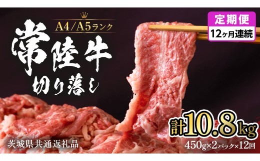 
                  【12ヶ月定期便】常陸牛 切り落とし 900g (450g×2袋) × 12回 定期便 牛肉 国産牛 和牛 切落し お肉 A4ランク A5ランク ブランド牛 切り落し すき焼き 小分け 冷凍 （茨城県共通返礼品） [CD017sa]
                