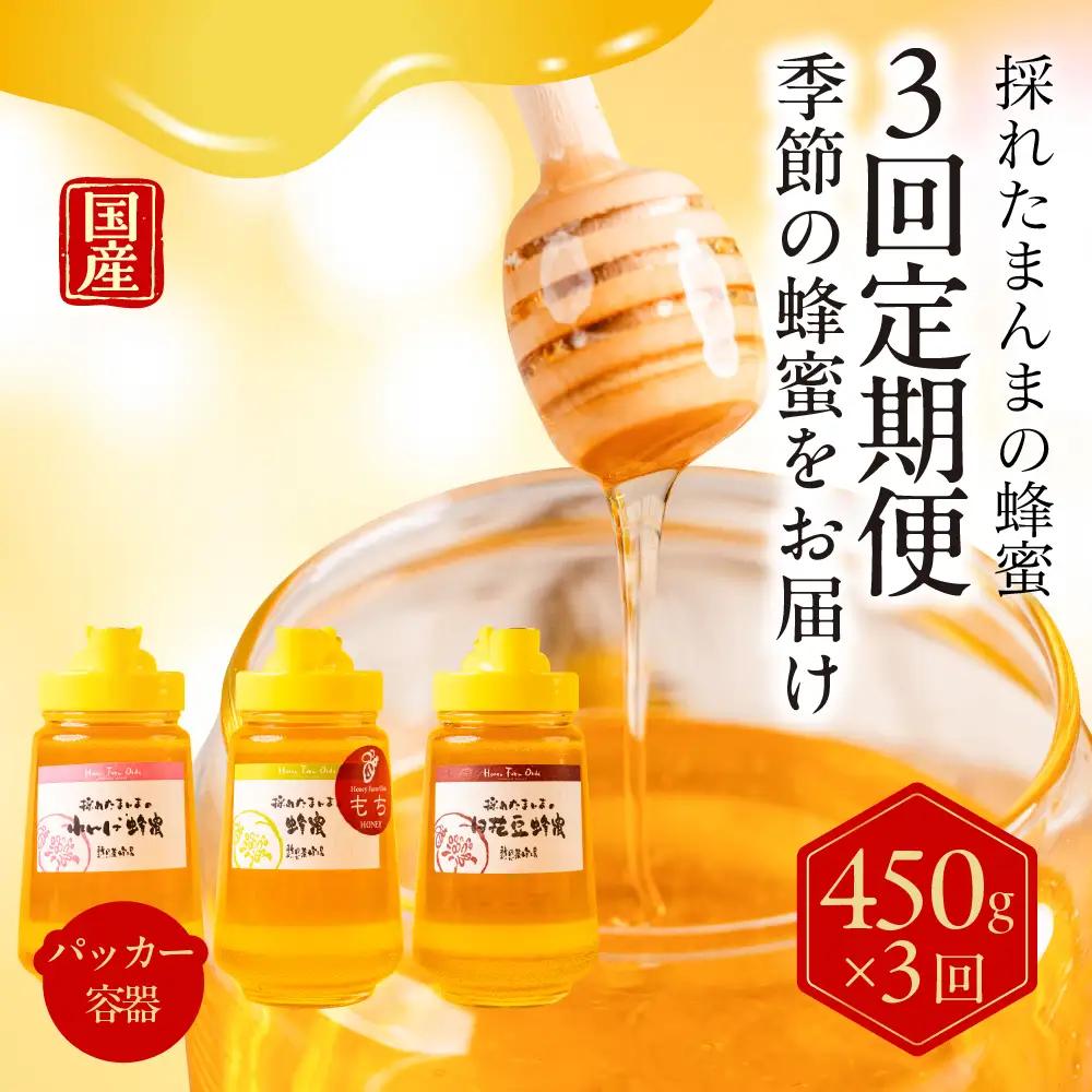 【国産蜂蜜】季節の蜂蜜をお届け　3回定期便　パッカー容器入り　450g ×3回（れんげ／くろがねもち／白花豆）