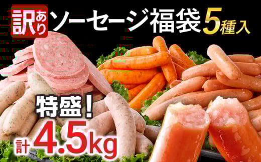 訳あり ソーセージ福袋 おかず 惣菜 ウインナー ソーセージ 5種セット 合計4.5kg 大容量 特盛 粗挽き 食べ比べ 冷凍 ストック おつまみ 博多の薫り やみつきJUMBO あらびき大将 バジル＆パセリポークウインナー ボロニア