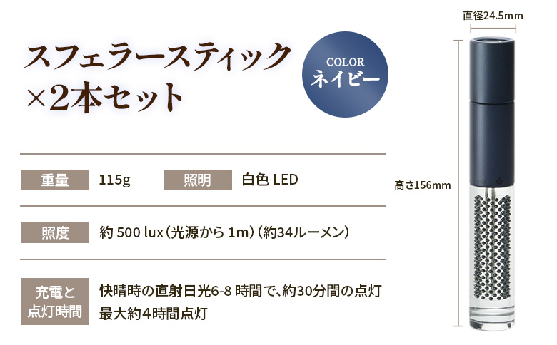 【世界初の全方位受光ソーラー】スフェラースティック（カラー：ネイビー）×2本セット【080022】