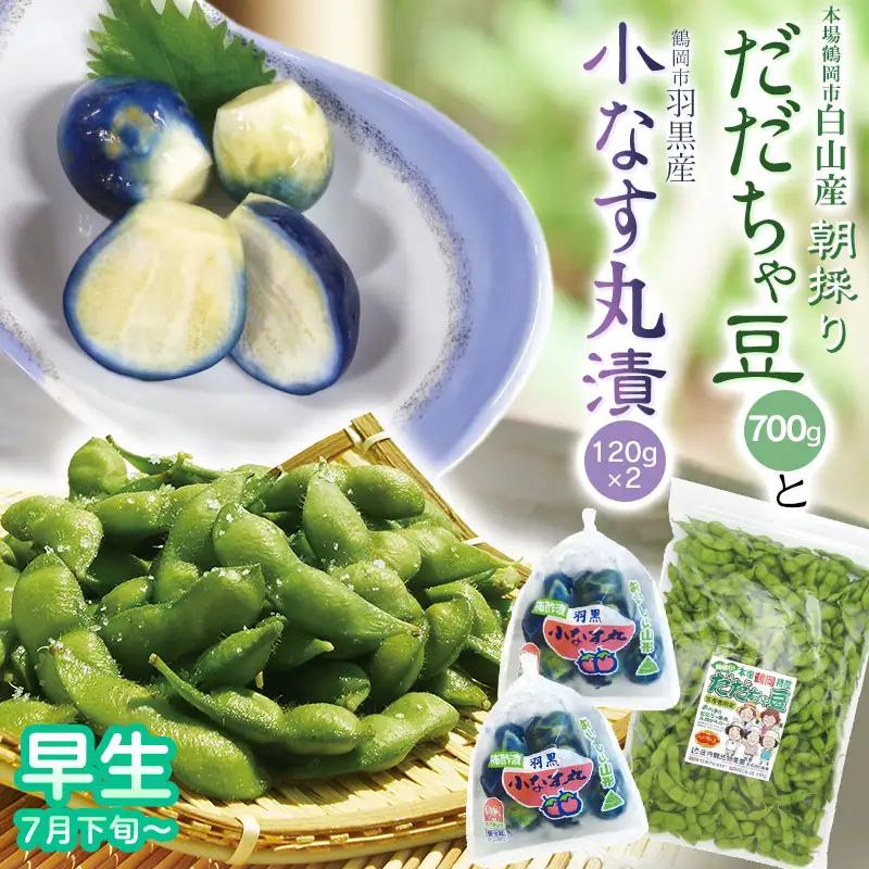 令和8年産　朝採りだだちゃ豆（早生）700gと小なす丸漬240g（120g×2）セット　庄内観光物産館 | 枝豆 茄子 ナス 漬物 酢漬け 柿酢 特産品 生鮮 野菜 ごはんのお供