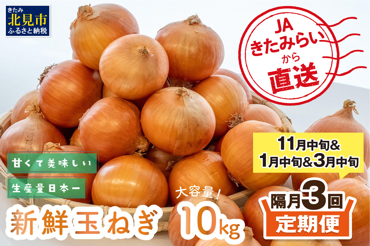【隔月3回(11月・1月・3月)定期便】JAきたみらいから直送する新鮮玉ねぎ 10kg L玉 ( 野菜 定期便 玉葱 たまねぎ )【999-0014-2026】