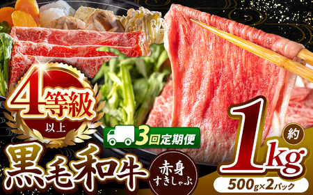 【定期便3回】宮崎県産 黒毛和牛 赤身 すき しゃぶ 1kg | 肉質等級 4等級以上 肉 にく お肉 おにく 牛 牛肉 和牛 ウデ モモ 薄切り スライス すき焼き しゃぶしゃぶ 宮崎県 五ヶ瀬町