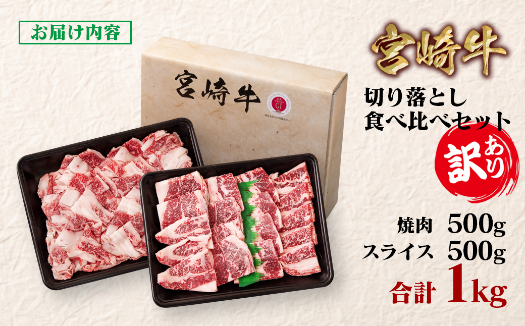 宮崎牛 訳あり切り落とし食べ比べ 計1kg（500g ×2） ブランド牛 A４～A5等級 内閣総理大臣賞4連覇＜1.8-19＞ 最高級黒毛和牛 牛肉 鉄板焼肉 焼肉 炒め物