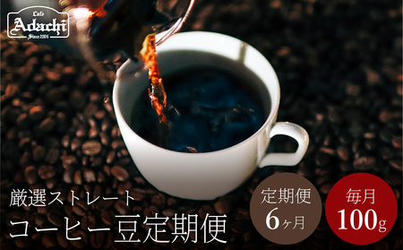 【定期便】関市　コーヒー豆　カフェアダチ　コクのある　厳選ストレートコーヒー　６ヶ月定期便　１００g/カフェアダチ　珈琲　コーヒー　自家焙煎　COFFEE　焙煎　豆　粉にもできます　