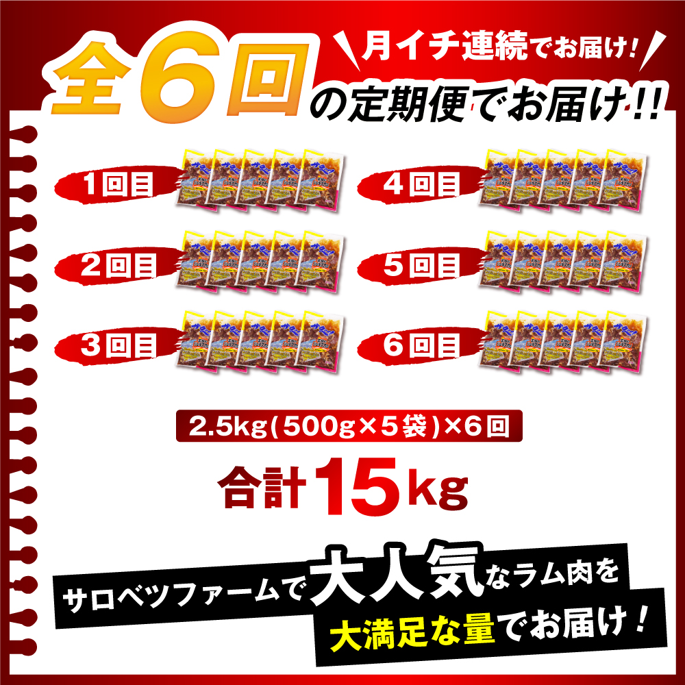 【6か月定期便】王様のジンギスカン（味付きラムロース）5袋(2.5kg)×6回 計15kg 6か月定期便