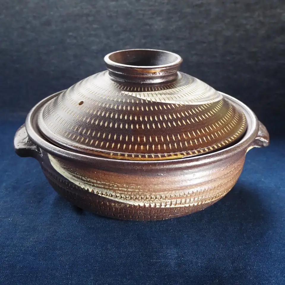 小石原焼黒飛鉋土鍋3人～4人用（Mサイズ）直径約26cm H43-S