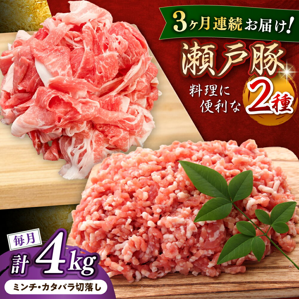【ふるさと納税】【全3回定期便】瀬戸豚2種セット(ミンチ＋カタバラ切落し) 計4kg / 豚肉 小分け ミンチ 切り落とし / 瀬戸市 / 関屋精肉店[BBBQ192]