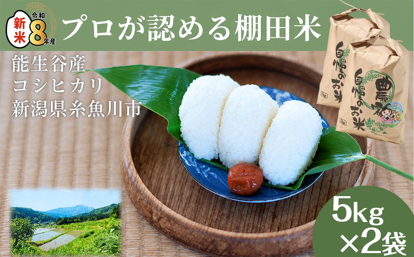 
                  令和8年産新米 新潟県能生谷産コシヒカリ 5kg×2袋 計10kg プロも認める棚田米 農家直送 2026年産 JATs有限会社【新潟県 糸魚川市 米 お米 こめ コメ ご飯 ライス ふるさと納税米 ブランド米 おすすめ ギフト 10キロ 精米 白米 人気 食品】
                